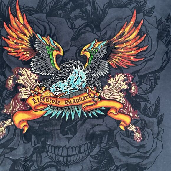 Avirex Black Graphic Shirt Eagle Bling Glitter Men’s Size Large Y2K Style Biker - Picture 3 of 7